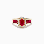The Ruby Royale 14K Yellow Gold Ruby and Diamond Ring showcases an oval ruby centerpiece, surrounded by white diamonds and accented with rectangular red stones along the band.