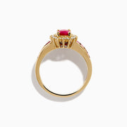 The Ruby Royale 14K Yellow Gold Ruby and Diamond Ring showcases an oval ruby centerpiece, surrounded by white diamonds and accented with rectangular red stones along the band.