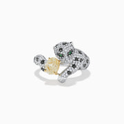 Introducing the Signature 18K White Gold Yellow Diamond Panther Ring—a stunning piece shaped like a panther and meticulously set with black and white diamonds. This captivating ring features vivid green eyes and displays a large yellow diamond held gracefully in its paws.