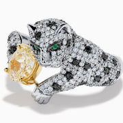 Introducing the Signature 18K White Gold Yellow Diamond Panther Ring—a stunning piece shaped like a panther and meticulously set with black and white diamonds. This captivating ring features vivid green eyes and displays a large yellow diamond held gracefully in its paws.