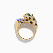 The Signature 14K Yellow Gold Tanzanite and Diamond Panther Ring showcases a sculpted panther with green gemstone eyes, diamond and black stone accents, holding an oval tanzanite gemstone.