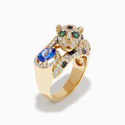 The Signature 14K Yellow Gold Tanzanite and Diamond Panther Ring showcases a sculpted panther with green gemstone eyes, diamond and black stone accents, holding an oval tanzanite gemstone.