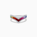 The Watercolors 14K White Gold Multi Sapphire and Diamond Ring features a chevron shape with square-cut multi sapphires and sparkling white diamonds, set on a white gold band, shown against a white background.