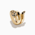 The Signature 14K Gold White and Black Diamond Panther Wrap Ring features a coiled panther with black diamond accents, black gemstones, and striking green gemstone eyes set against a white background.