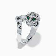 The Signature 14K White Gold Diamond Bypass Panther Ring features white and black diamond clusters, two green gemstone eyes, and a large central diamond set in the panther’s mouth.