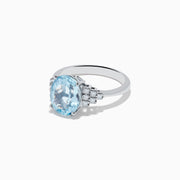 The Aquarius 14K White Gold Aquamarine and Diamond Ring showcases a large oval aquamarine center stone, accented by three rows of round diamonds on each side against a white gold setting.