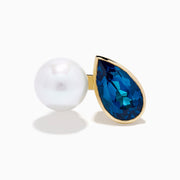 14K Yellow Gold Blue Topaz and Pearl Toi Et Moi Ring