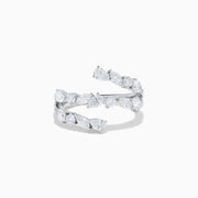 The Lab Grown Multi Shaped Diamond 1.23ct Wrap Ring in 14K White Gold features pear and round lab grown diamonds in a leaf-inspired, open front design, shown against a white background.