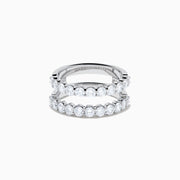 Two Lab Grown Round Diamond Jacket Band Rings in 14K white gold, featuring rows of sparkling lab-grown diamonds along the bands, are stacked together on a plain white background.