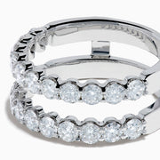 Two Lab Grown Round Diamond Jacket Band Rings in 14K white gold, featuring rows of sparkling lab-grown diamonds along the bands, are stacked together on a plain white background.