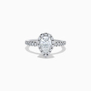 The Lab Grown Pear Diamond Halo and Hidden Halo Ring in 14K White Gold features a lab-grown pear center, a surrounding halo and hidden halo of diamonds on a white gold band, shown against a plain white background.