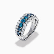 The Lab Grown Blue and White Diamond Wide Band Ring in 14K White Gold showcases a central row of blue stones flanked by lab grown diamonds in a striking triple-band design.