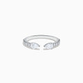 The Lab Grown Diamond Open Shank Pear Band in 14K white gold features two pear-shaped diamonds at each end and small round stones along the band.