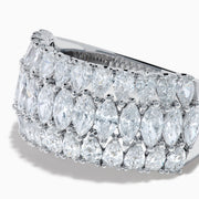 The Lab Grown Pear and Marquise Diamond Wide Band Ring in 14K White Gold features three rows of marquise-cut diamonds, beautifully set on a wide band and displayed against a plain white background.