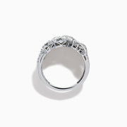 The Lab Grown Multi Shape Diamond Wide Ring in 14K White Gold displays marquise, baguette, and round-cut lab grown diamonds set in an elaborate, interwoven silver design for a sparkling, textured look.