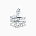 The Lab Grown Multi Shape Diamond Snake Wrap Around Ring in 14K White Gold features a coiled serpent design adorned with sparkling lab-grown diamonds, beautifully set against a plain white background.