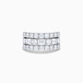A close-up of the Lab Grown Multi Shape Diamond Wide Band in 14K White Gold, showcasing three rows of round and square diamonds in a curved, stacked design against a white background.