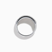 A close-up of the Lab Grown Multi Shape Diamond Wide Band in 14K White Gold, showcasing three rows of round and square diamonds in a curved, stacked design against a white background.