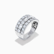 A close-up of the Lab Grown Multi Shape Diamond Wide Band in 14K White Gold, showcasing three rows of round and square diamonds in a curved, stacked design against a white background.