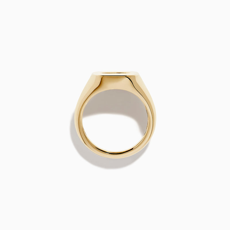 The Lab Grown Diamond Marquise Inset Signet Pinky Ring in 14K Yellow Gold features a flat, rectangular top with a central lab grown diamond, shown against a plain white background.