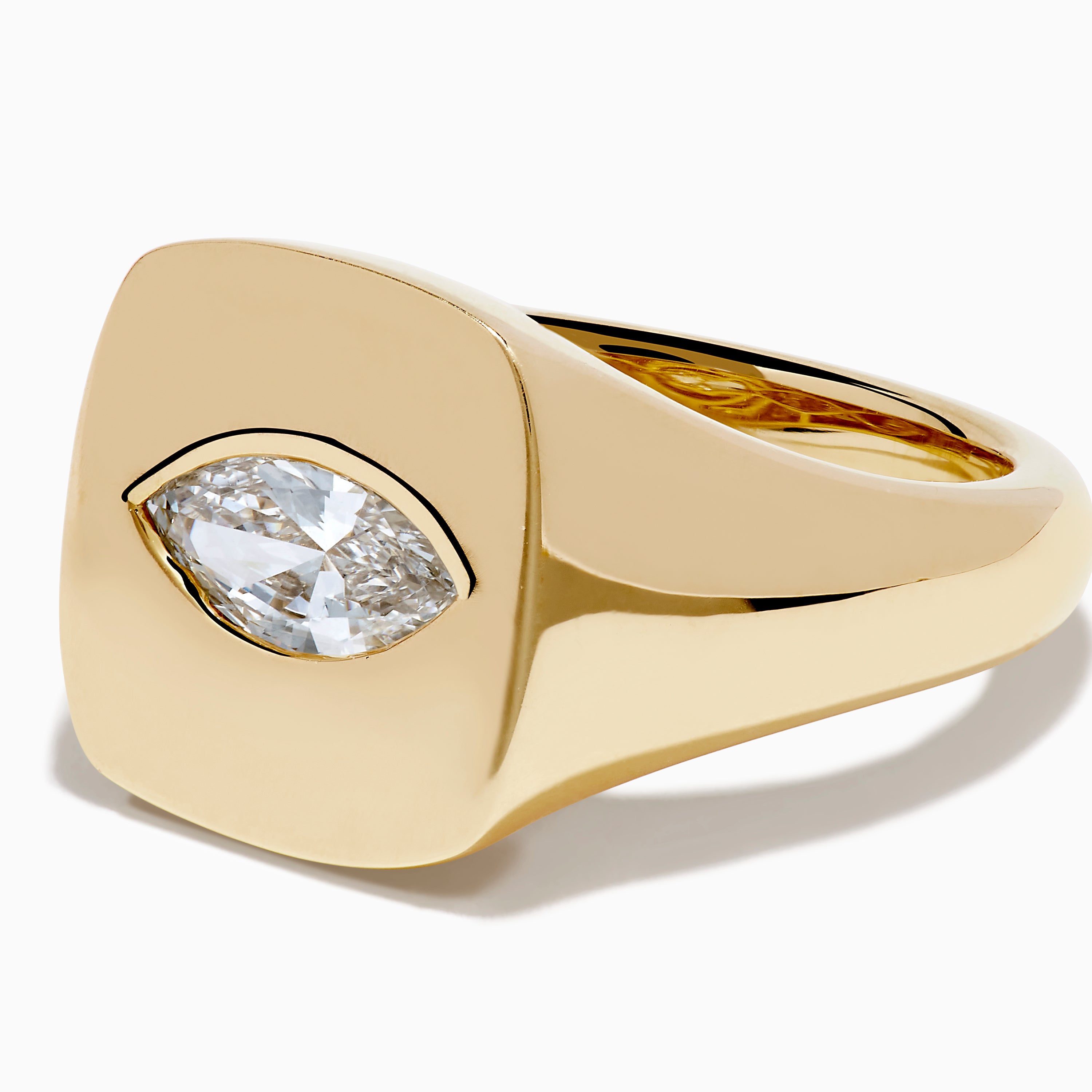 The Lab Grown Diamond Marquise Inset Signet Pinky Ring in 14K Yellow Gold features a flat, rectangular top with a central lab grown diamond, shown against a plain white background.