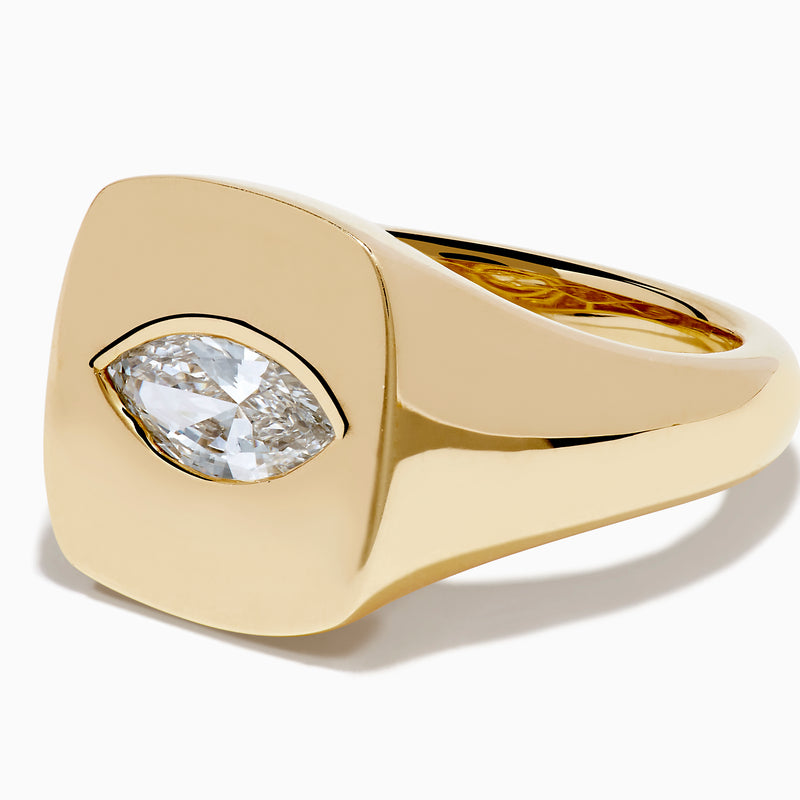 The Lab Grown Diamond Marquise Inset Signet Pinky Ring in 14K Yellow Gold features a flat, rectangular top with a central lab grown diamond, shown against a plain white background.