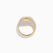 The Lab Grown Diamond Oval Pave Signet Pinky Ring in 14K yellow gold features a lustrous oval top and a band adorned with rows of sparkling lab grown diamonds, showcased on a white background.