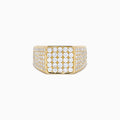 The Lab Grown Diamond Pave Men's Signet Pinky Ring in 14K Yellow Gold features a square face with rows of round lab-grown diamonds and additional pavé diamonds along the band, displayed on a plain white background.