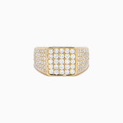 The Lab Grown Diamond Pave Men's Signet Pinky Ring in 14K Yellow Gold features a square face with rows of round lab-grown diamonds and additional pavé diamonds along the band, displayed on a plain white background.