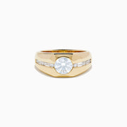 The Lab Grown Diamond Channel-Set Men's Pinky Ring in 14K Yellow Gold showcases a prominent round lab-grown diamond center and a channel-set row of square diamonds, displayed on a plain white background.