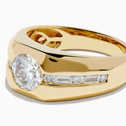 The Lab Grown Diamond Channel-Set Men's Pinky Ring in 14K Yellow Gold showcases a prominent round lab-grown diamond center and a channel-set row of square diamonds, displayed on a plain white background.