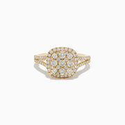 The Pave Classica 14K Yellow Gold Square Diamond Ring features a split shank band, a cushion-shaped diamond cluster, and pave-set stones along the band for 0.97 TCW of sparkling elegance.