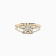 The Duo 14K Yellow and White Gold Diamond Cluster Ring (0.73 TCW) features a round center diamond with a halo of smaller diamonds and additional diamonds along the band.