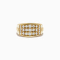 The Mens 14K Yellow Gold Diamond Ring showcases three horizontal rows of round-cut white diamonds, with extra diamonds set vertically on the sides of the central design.