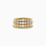 The Mens 14K Yellow Gold Diamond Ring showcases three horizontal rows of round-cut white diamonds, with extra diamonds set vertically on the sides of the central design.