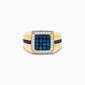 The Mens 14K Yellow Gold White and Blue Diamond Ring features a square face with blue center stones, a border of clear gems, and a band set with blue diamonds and textured detailing for a bold look.