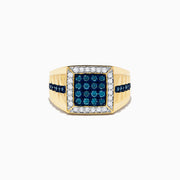 The Mens 14K Yellow Gold White and Blue Diamond Ring features a square face with blue center stones, a border of clear gems, and a band set with blue diamonds and textured detailing for a bold look.