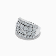 The Pave Classica 14K White Gold Diamond Statement Ring 4.84 TCW showcases three rows of round-cut diamonds, with a center row of larger stones framed by two rows of smaller diamonds—a dazzling statement piece.