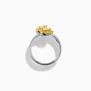 The 18K Two-Tone Gold Yellow and White Diamond Wrap Bypass Ring features pear-shaped diamond clusters haloed by smaller diamonds on a split gold band sparkling with round white diamonds.