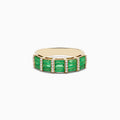 The Brasilica 14K Yellow Gold Emerald and Diamond Ring showcases rectangular emeralds set in rows, divided by vertical lines of white diamonds on a smooth, polished gold band.