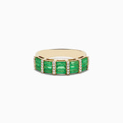 The Brasilica 14K Yellow Gold Emerald and Diamond Ring showcases rectangular emeralds set in rows, divided by vertical lines of white diamonds on a smooth, polished gold band.
