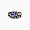 The Nahla 14K Yellow Gold Tanzanite and Diamond Starfish Ring showcases round and pear-shaped blue tanzanites with white and black diamond accents in an intricate, starfish-inspired design.