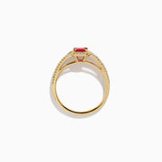 The 14K Yellow Gold Emerald Cut Ruby and Pave Diamond Halo Ring features a central emerald-cut ruby, diamond accents, and a shimmering halo for added brilliance.