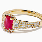 The 14K Yellow Gold Emerald Cut Ruby and Pave Diamond Halo Ring features a central emerald-cut ruby, diamond accents, and a shimmering halo for added brilliance.