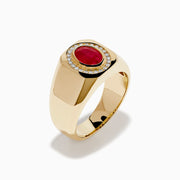 The Men's 14K Yellow Gold Bezel Halo Ruby and Diamond Signet Ring showcases an oval ruby center, encircled by a halo of white diamonds, all set in yellow gold against a white background.