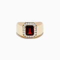 The Mens 14K Yellow Gold Garnet and Diamond Ring showcases a rectangular deep red garnet center stone accented by small round white diamonds, displayed against a plain white background.