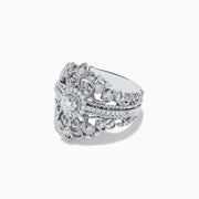 The Pave Classica 14K White Gold Diamond Ring features intricate filigree patterns, a large central round diamond, and smaller diamonds in a decorative, vintage-inspired design.