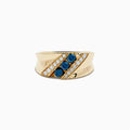 The Mens 14K Yellow Gold Blue and White Diamond Ring features two diagonal rows of small white diamonds and a central row with three round blue gemstones set in the middle.