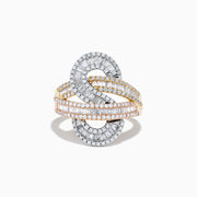 The Trio 14K Tri Color Gold Diamond Swirl Ring features an intricate swirl design in three gold tones, accented with rows of small rectangular diamonds, shown against a white background.