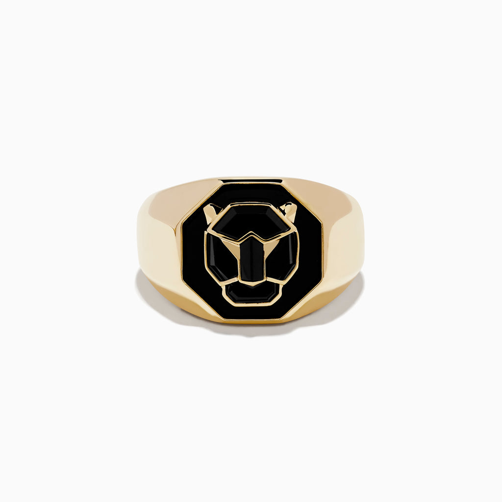 The Signature Mens 14K Yellow Gold Onyx Ring features a geometric lion head on black enamel, styled as a bold statement piece and displayed against a plain white surface.